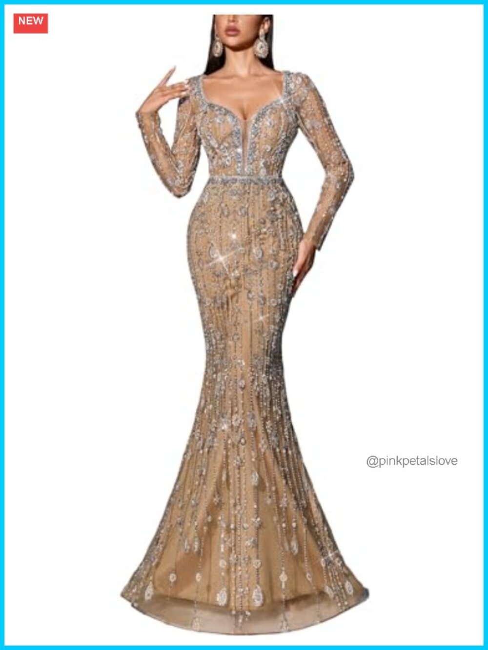 Sequin Beaded Mermaid Prom Dress Long Sleeve Evening Gown
